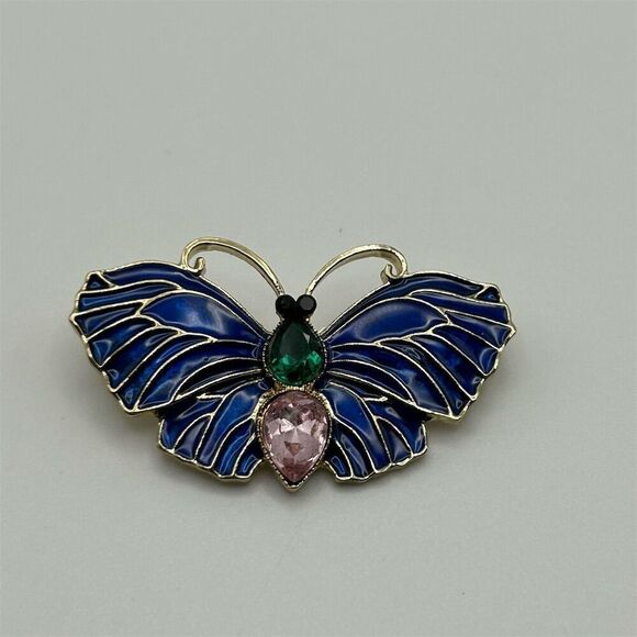 Small Dainty Blue Butterfly Brooch with Green & Pink Rhinestones Whimsical - Picture 6 of 11